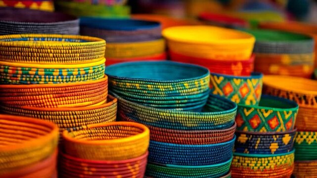 Handcrafted Woven Bowls Display: A close-up of a stack of vibrant, handcrafted woven bowls, showcasing intricate patterns and a spectrum of bright colors.