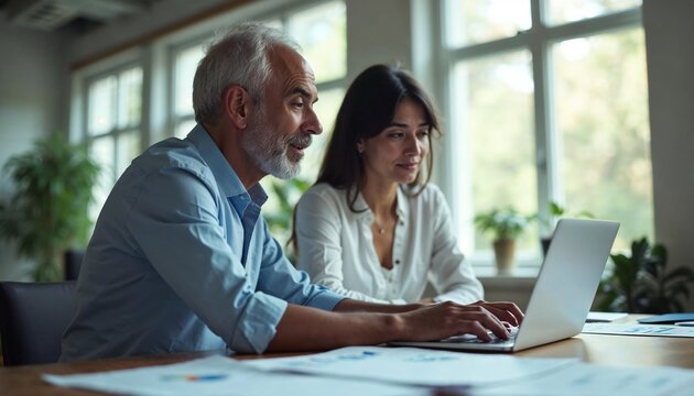 Older man and younger woman working together on a laptop near window