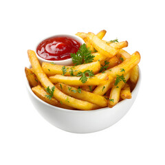 Bowl of golden French fries with ketchup and parsley isolated on transparent background