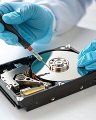 Obraz premium A technician in gloves repairing an open hard drive with a precision screwdriver