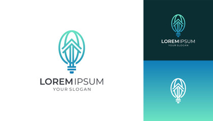 Abstract outline of oval light bulb with growth up arrows logo design vector icon inspiration.