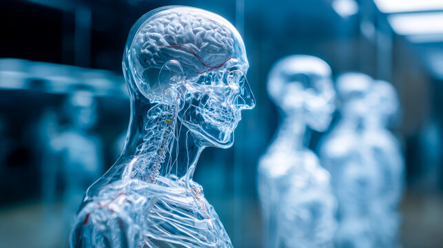 Detailed medical model of the human brain and nervous system displayed in a laboratory setting