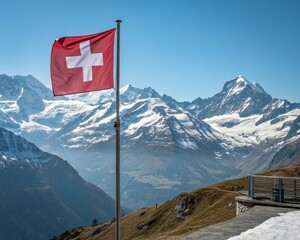 Stunning Swiss Flag Waves Above Snowy Alps for National Day August 1