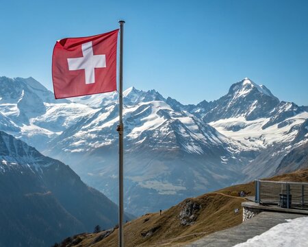 Stunning Swiss Flag Waves Above Snowy Alps for National Day August 1