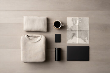 travel essentials, flat lay with open suitcase, map, laptop, and travel essentials for packing checklist