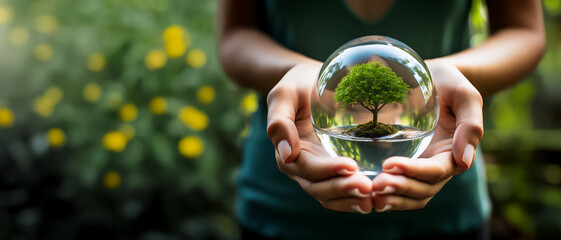 A woman cradling a glass sphere containing a miniature tree in her hands, representing the planet. Ecology, environmentalism, and climate concept.	