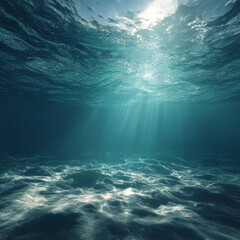 Underwater background, water surface, ocean, sea, swimming pool transparent aqua texture with waves, ripples and sun rays falling to bottom, template for advertising. Realistic 3d vector illustration