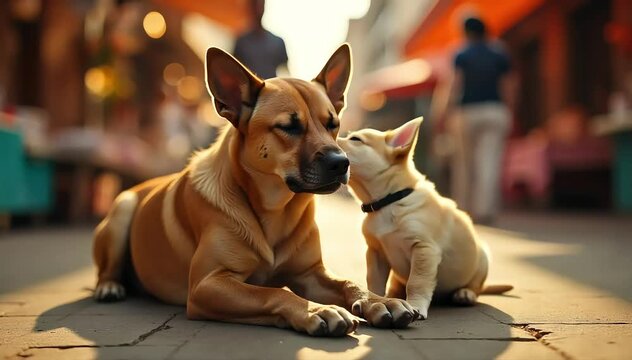 Carolina dog crying softly beside its pup