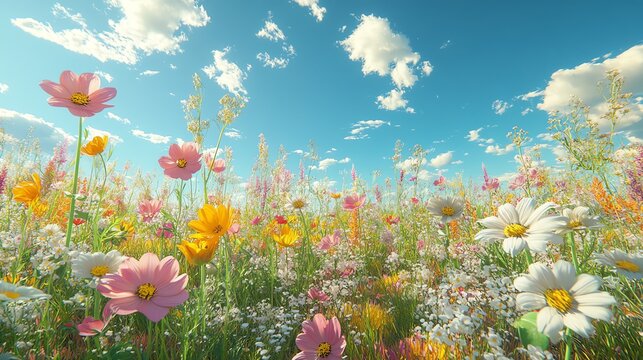 A vibrant meadow bursts with colorful wildflowers under a bright blue sky dotted with fluffy clouds. - Powered by Adobe