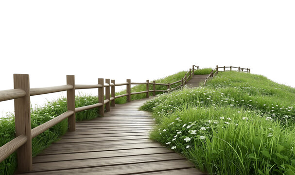 Wooden boardwalk leading through green grass, white background, 3D rendering, realistic and highly detailed renderings, high resolution, no perspective distortion, - Powered by Adobe