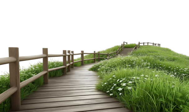 Wooden boardwalk leading through green grass, white background, 3D rendering, realistic and highly detailed renderings, high resolution, no perspective distortion,