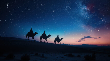 Three wise men journey under a starry night sky