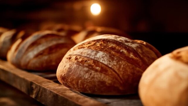 Artisan Bread in Bakery: A close-up captures the rustic charm of freshly baked artisan bread loaves, each crusty exterior promising a symphony of flavors.