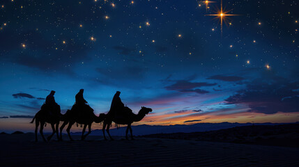 Three wise men journey under a starry night sky