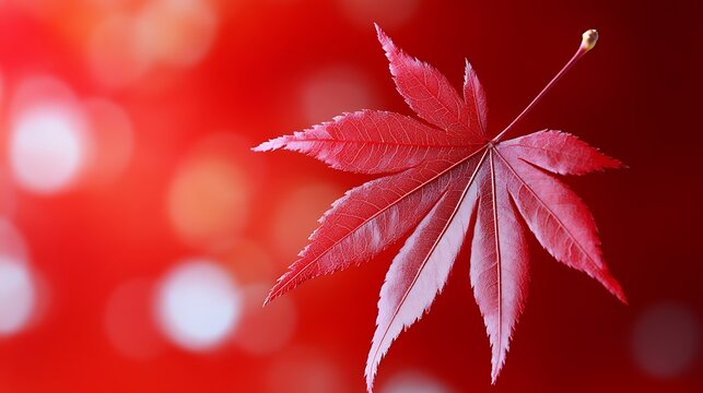Vivid crimson maple leaf against a red bokeh background.
