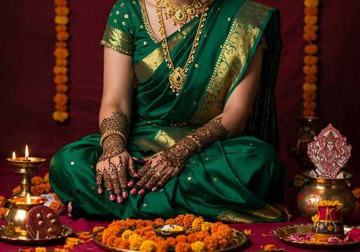 Woman in Deep Green Saree Applying Mehendi with Shiva Parvati Motifs During Shravan
