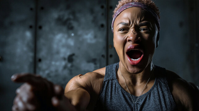 Intense Female Weightlifting Coach Shouting Advice in Industrial Gym