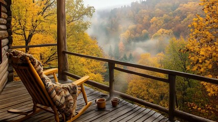 Cozy rocking chair on a porch overlooking a misty, autumnal forest - Powered by Adobe