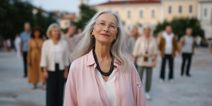 Confident elderly caucasian female in urban setting with group in background