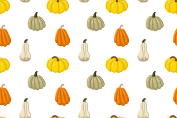 Seamless vector pattern with colorful autumn pumpkins. Cute seasonal vegetable background in warm orange, yellow and beige tones. Perfect for fall-themed designs, Thanksgiving decor, wrapping paper.