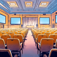 Hall for business conferences, investment projects presentations, shareholders event or meeting with slides on projection screens, sittings rows and tribune on stage cartoon vector illustration