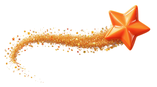 3D orange shooting star with sparkling trail, cartoon plastic style, wish and magic symbol, isolated on transparent background 