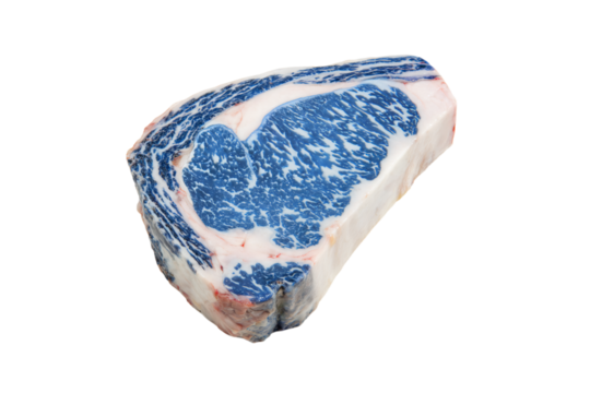 a piece of meat with a blue and white pattern