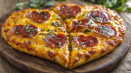 Heart-shaped pepperoni pizza slices on a wooden board.