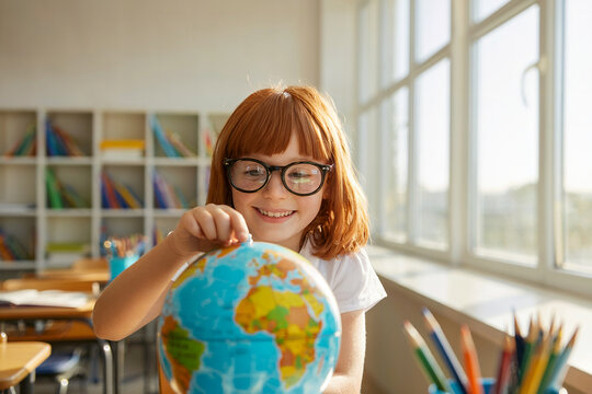 Curious schoolgirl with red hair and glasses exploring globe in bright classroom. Happy learning moment during geography lesson in modern school environment.