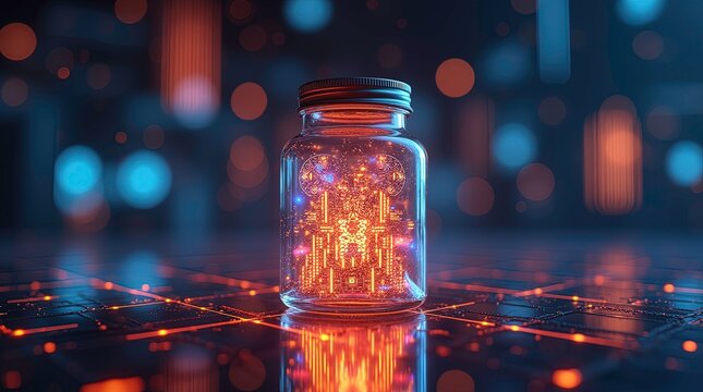 A jar filled with a digital circuit backdrop representing advanced technology, AI Generative