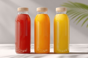 Three glass bottles with wooden caps, filled with vibrant red, orange, and yellow juices, sit on a white surface, bathed in sunlight; tropical leaf in background
