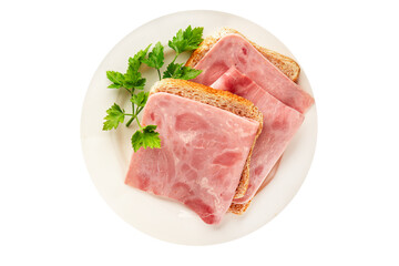 Ham slices meat spam pork fresh delicious gourmet food background on the table rustic food top view copy space