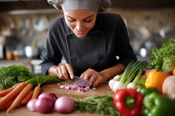 Köchin schneidet frisches Gemüse in professioneller Küche – gesunde Ernährung und Kochkunst 