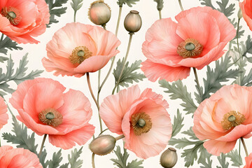 A painting of pink flowers with green leaves. The flowers are arranged in a pattern and the background is white. The painting has a serene and calming mood