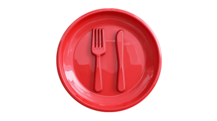 3D plate with knife and fork icon in cartoon plastic style, cutlery dining symbol, isolated on transparent background 