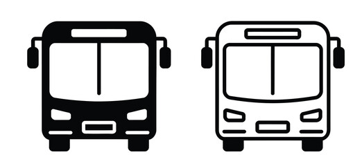 Vector art of a black and white bus icon set shows a front view of public transportation