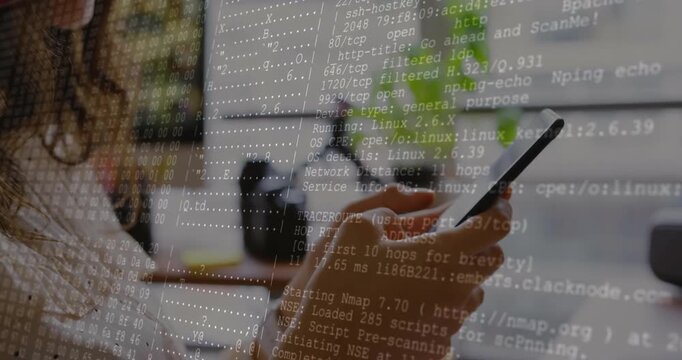 Woman tapping smartphone in office, translucent terminal overlay scanning network ports interfaces