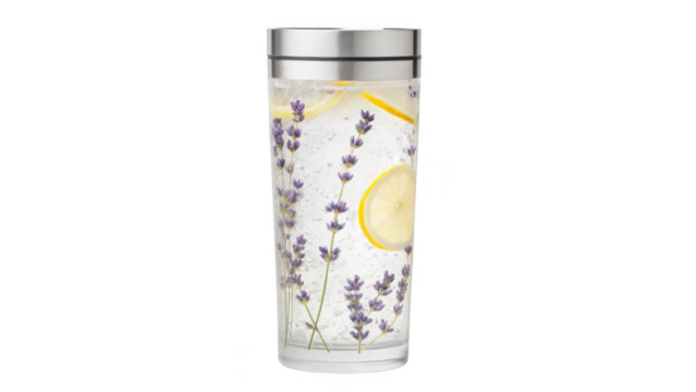 Tall glass water bottle filled with refreshing lemon and lavender infused water and ice isolated on transparent background