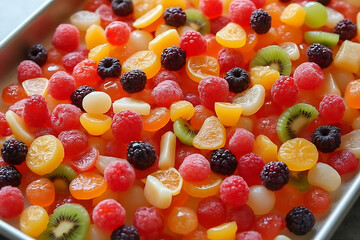 A colorful fruit salad with a variety of fruits including oranges, kiwis, and raspberries