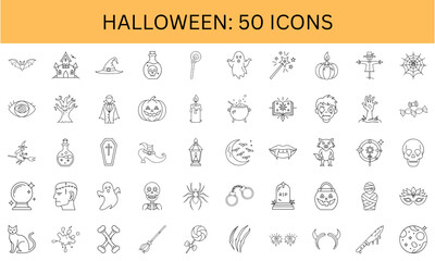 Halloween themed icons collection with spooky designs and symbols, transparent background