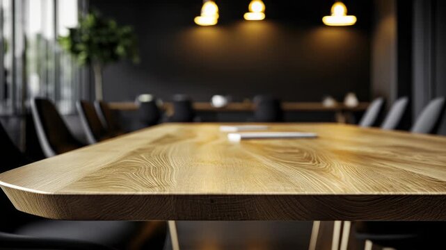 A simple yet elegant setting with a wooden table and four black chairs