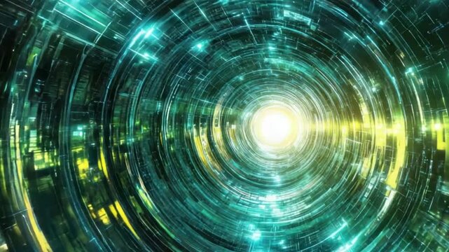 Glowing teal circular tunnel perspective with geometric patterns leads to a light