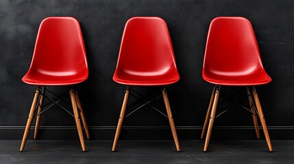 Three red chairs against a dark wall.