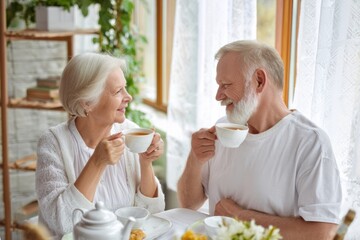 Senior Couple Shares a Warm Tea Moment at Home During a Peaceful Afternoon