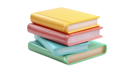 3D stack of closed books icon, educational materials in cartoon plastic style, isolated on transparent background 