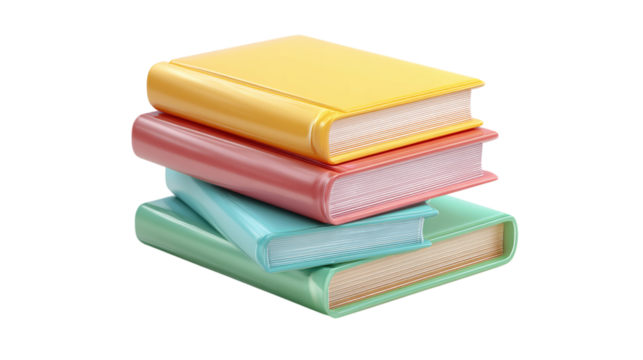 3D stack of closed books icon, educational materials in cartoon plastic style, isolated on transparent background