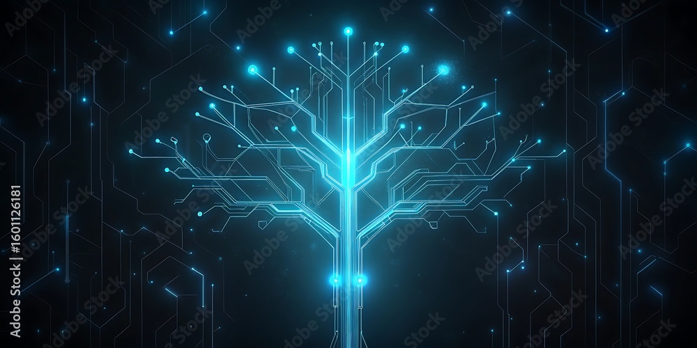 Poster a tree structure resembling a circuit board with glowing blue lines and nodes symbolizes digital tec