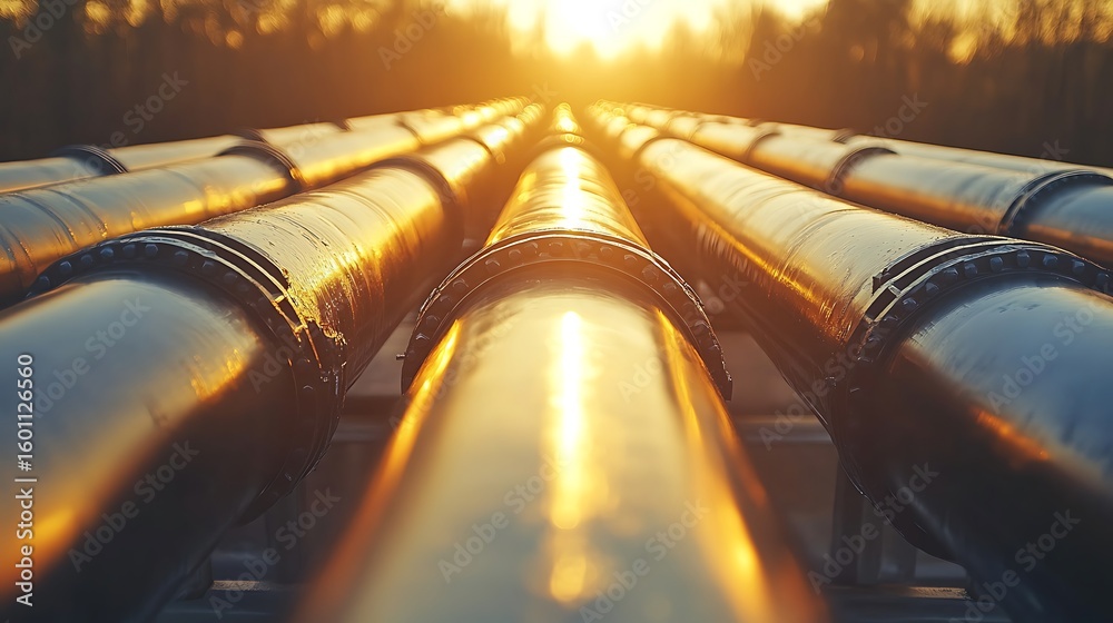 Wall mural pipeline array bathed in golden sunlight.