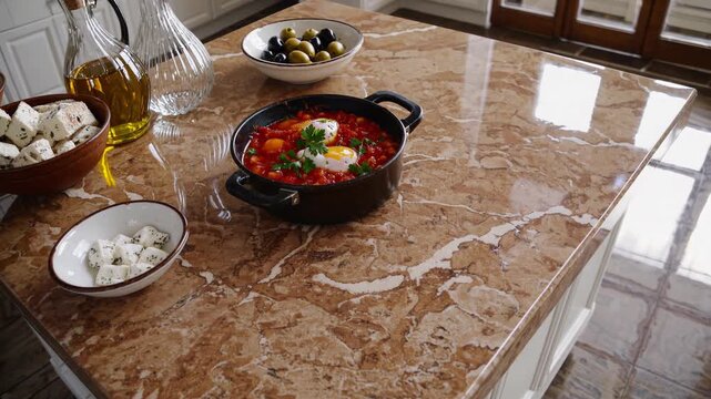 Vibrant shakshuka with feta cheese, olives, and olive oil resting on marble kitchen island, showcasing rich middle eastern culinary tradition