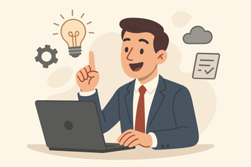 Businessman has a great idea. Creative thinking concept for business solution. Man with laptop showing innovation, inspiration, problem solving and productivity. Vector.